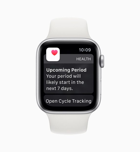 Apple Watch’taki Sağlık uygulamasında Cycle Tracking uygulaması bildirimi gösteriliyor.