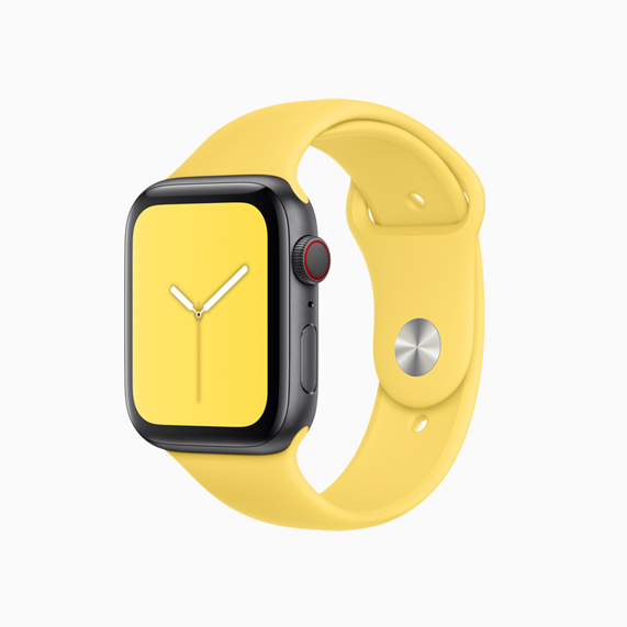 Güneş sarısı renginde Apple Watch spor kordonu.