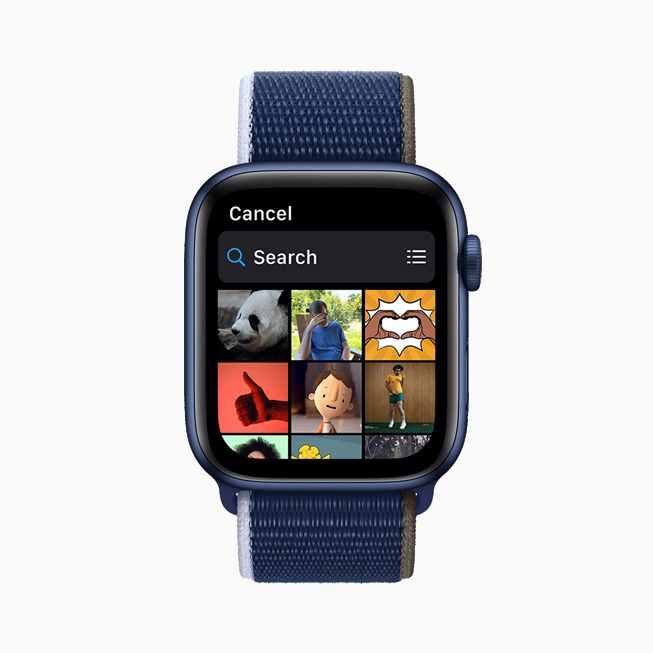 Apple Watch Series 6’da Mesajlar uygulamasında yapılan bir GIF aramasının sonuçları gösteriliyor.