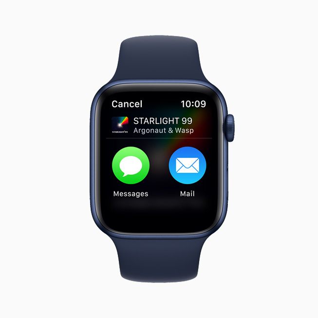 Apple Watch Series 6’da Müzik uygulamasındaki bir şarkıyı Mesajlar veya Mail kullanarak paylaşma seçeneği gösteriliyor.