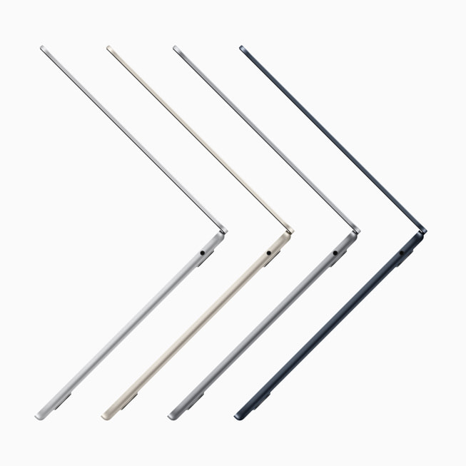 옆에서 본 실버, 스타라이트, 스페이스 그레이, 미드나이트 색상의 MacBook Air.