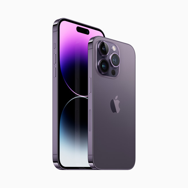 딥 퍼플 색상의 iPhone 14 Pro 및 iPhone 14 Pro Max.