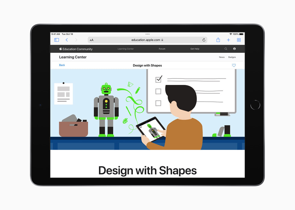 مركز Design with Shapes في موقع مجتمع Apple التعليمي على iPad.