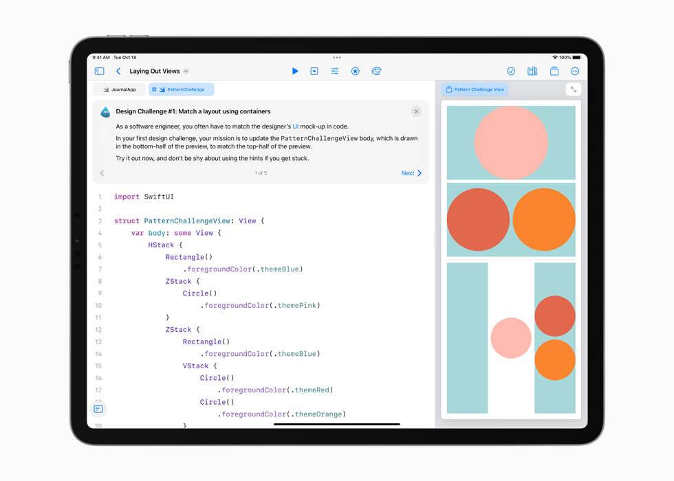 تطبيق Swift Playgrounds يُظهر كيفية ترتيب مخططات التطبيقات على iPad Pro.
