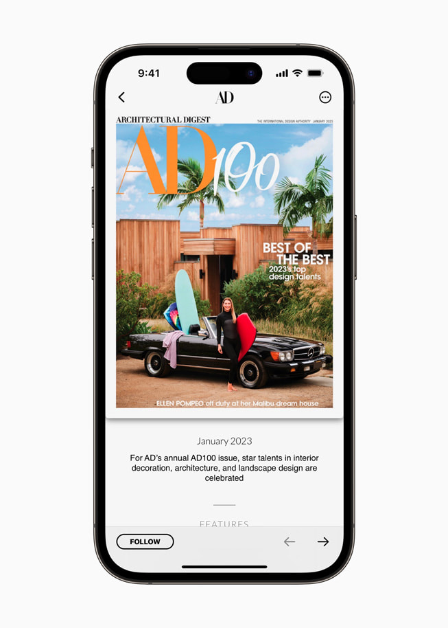 Architectural Digest på Apple News+ visas på iPhone 14 Pro. 