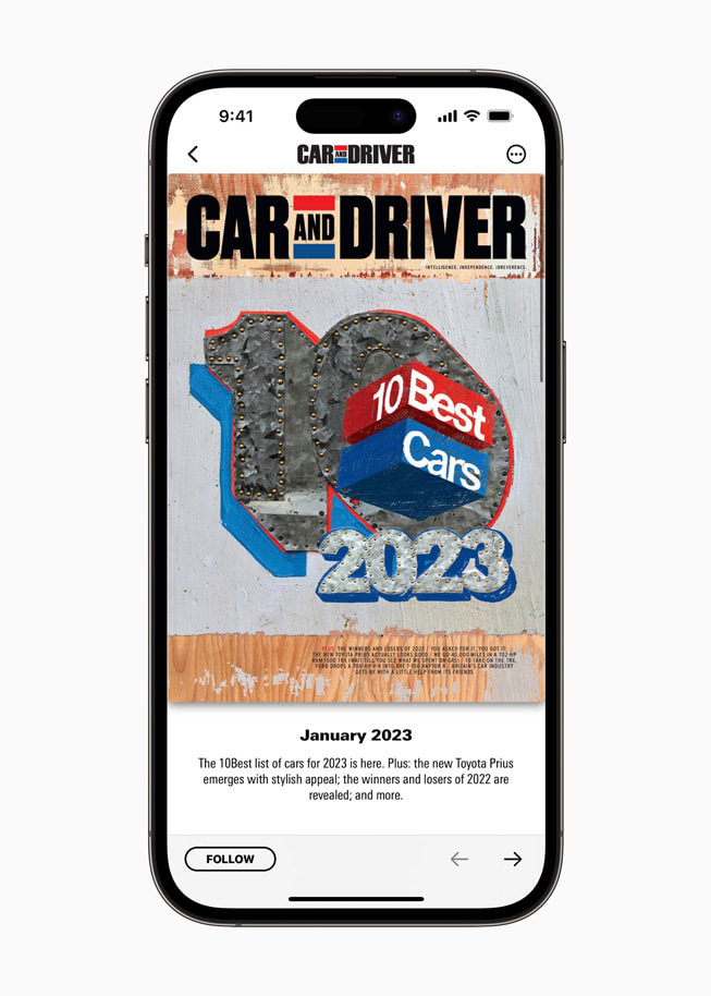 Car and Driver på Apple News+ visas på iPhone 14 Pro. 