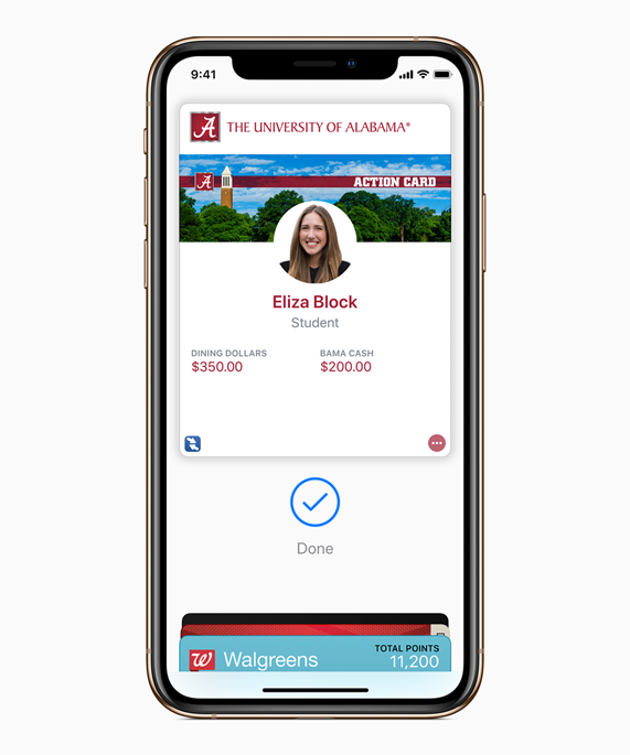 A screenshot of the University of Alabama student ID card in Apple Wallet.