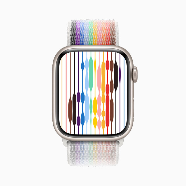 새로운 Apple Watch 프라이드 스레드 시계 페이스를 클로즈업한 모습.