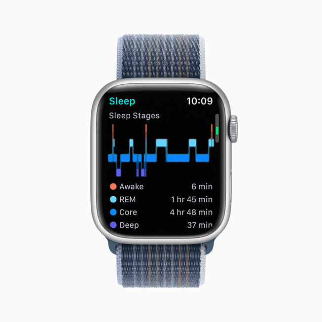 Apple Watch Series 8’de watchOS 9’daki bir uyku evreleri grafiği gösteriliyor.
