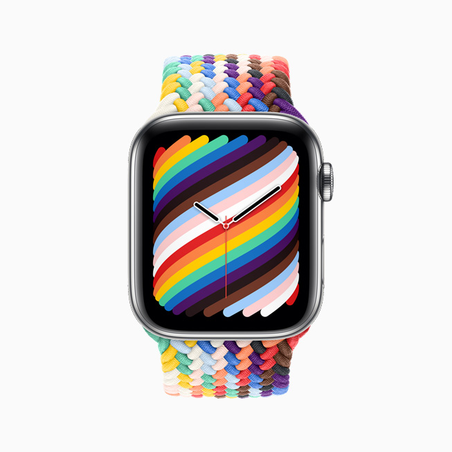 Apple Watchのプライドエディションブレイデッドソロループと文字盤を正面から見たところ。