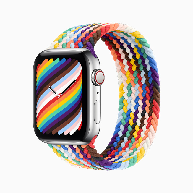 Apple Watchのプライドエディションブレイデッドソロループと文字盤を横から見たところ。
