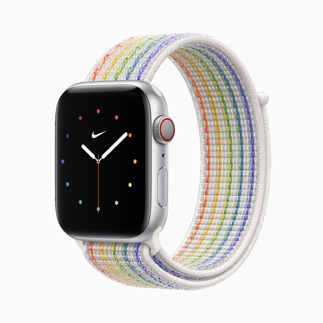 Apple Watch Nikeのプライドエディションスポーツループと文字盤を横から見たところ。