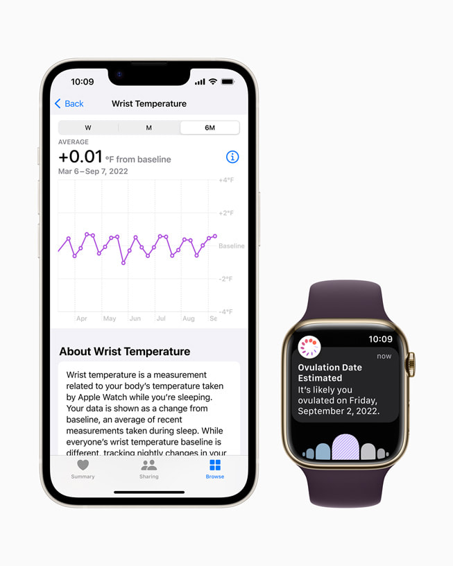 Un iPhone 13 Pro jumelé à une Apple Watch Series 8 montre la fonctionnalité d’estimation de la période d’ovulation.