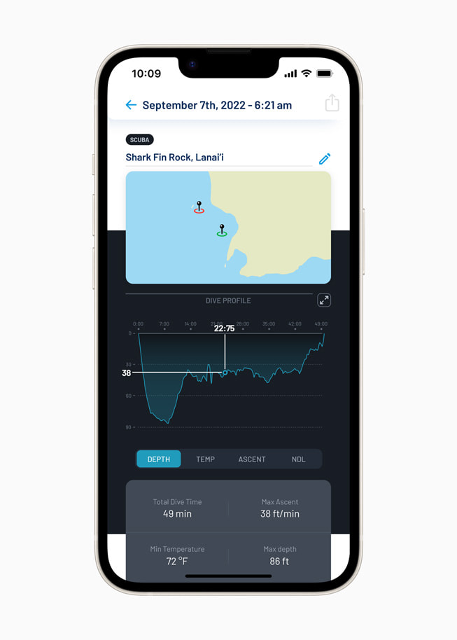 ダイビング後のログブックが表示されているApple Watch UltraのOceanic+アプリケーション。