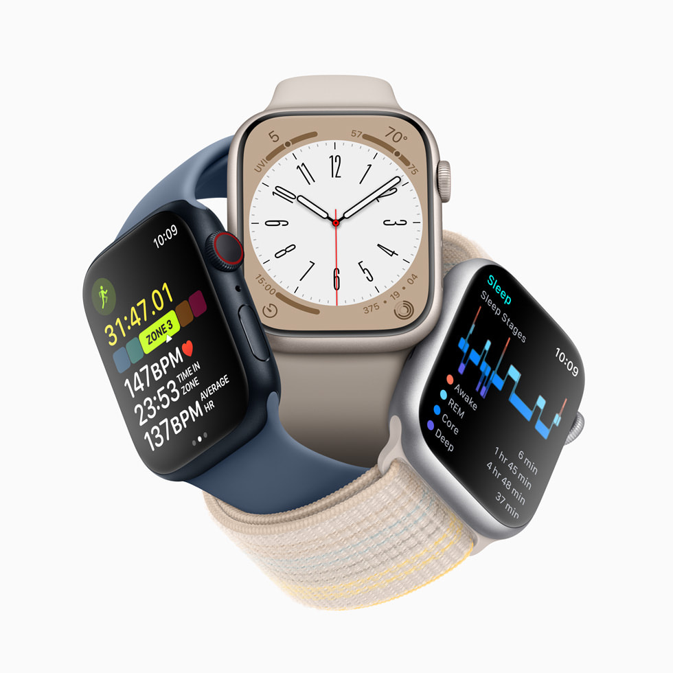 Grup halindeki üç adet Apple Watch aygıtının ekranlarında Antrenman uygulamasındaki Kalp Atış Hızı Bölgeleri, yeni Metropolitan saat kadranı ve uyku evreleri gösteriliyor.