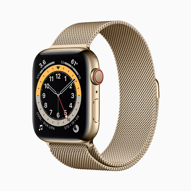 Sarı altın paslanmaz çelik kasalı Apple Watch Series 6. 