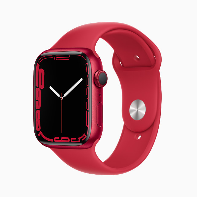 Contour saat kadranı PRODUCT(RED) alüminyum kasa Apple Watch Series 7’de gösteriliyor.
