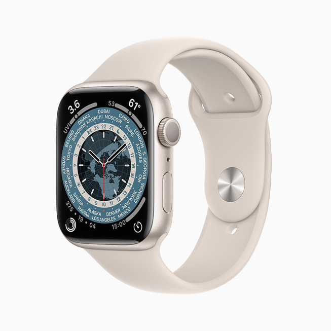 Apple Watch Series 7’de Dünya Saati kadranı gösteriliyor.