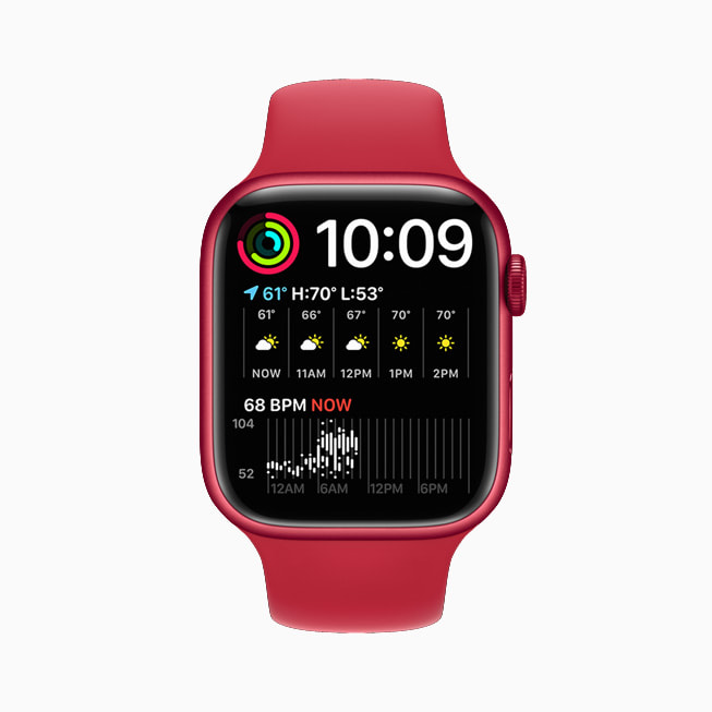 Apple Watch Series 7 yeni Modular Duo kadranıyla gösteriliyor.
