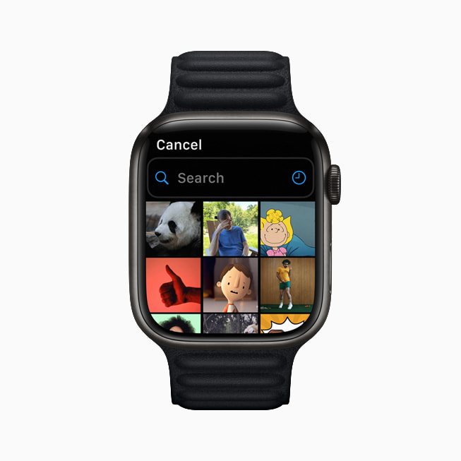 GIF 기능을 보여주는 Apple Watch Series 7의 메시지 앱.
