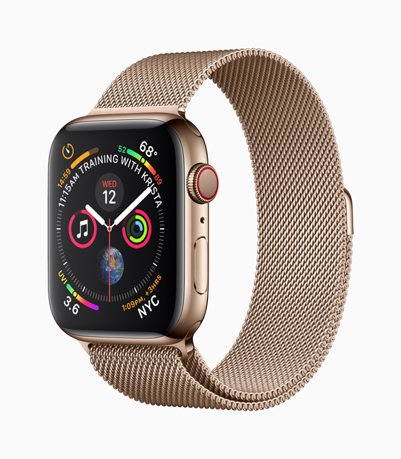 Yeni altın renkli paslanmaz çelik Apple Watch Series 4 ve uyumlu Milano kayışın profil görünümü. 