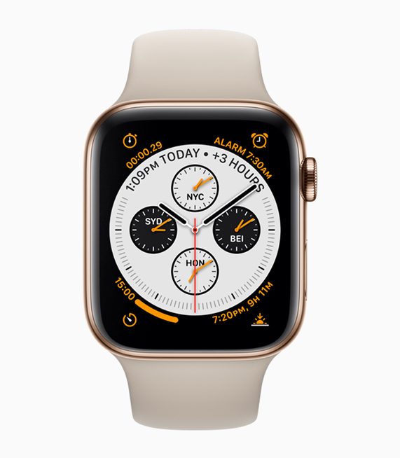 Altın rengi paslanmaz çelik Apple Watch’un önden görünümü. 