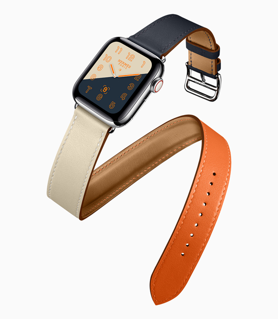 Blok renkli saat kadranına ve kayışına sahip yeni Apple Watch Hermès’in profil görünümü. 