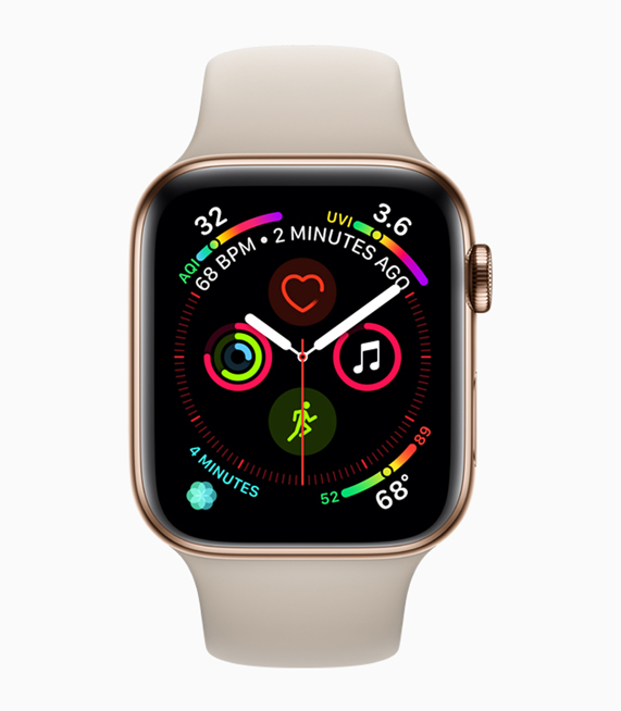 Daha büyük simgeleri, düğmeleri ve yazı tipleriyle Apple Watch Series 4 ekranı.
