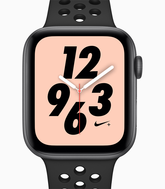 Yeniden tasarlanmış saat kadranlarına ve uyumlu kayışlara sahip yeni Apple Watch Nike+’nın profil görünümü. 
