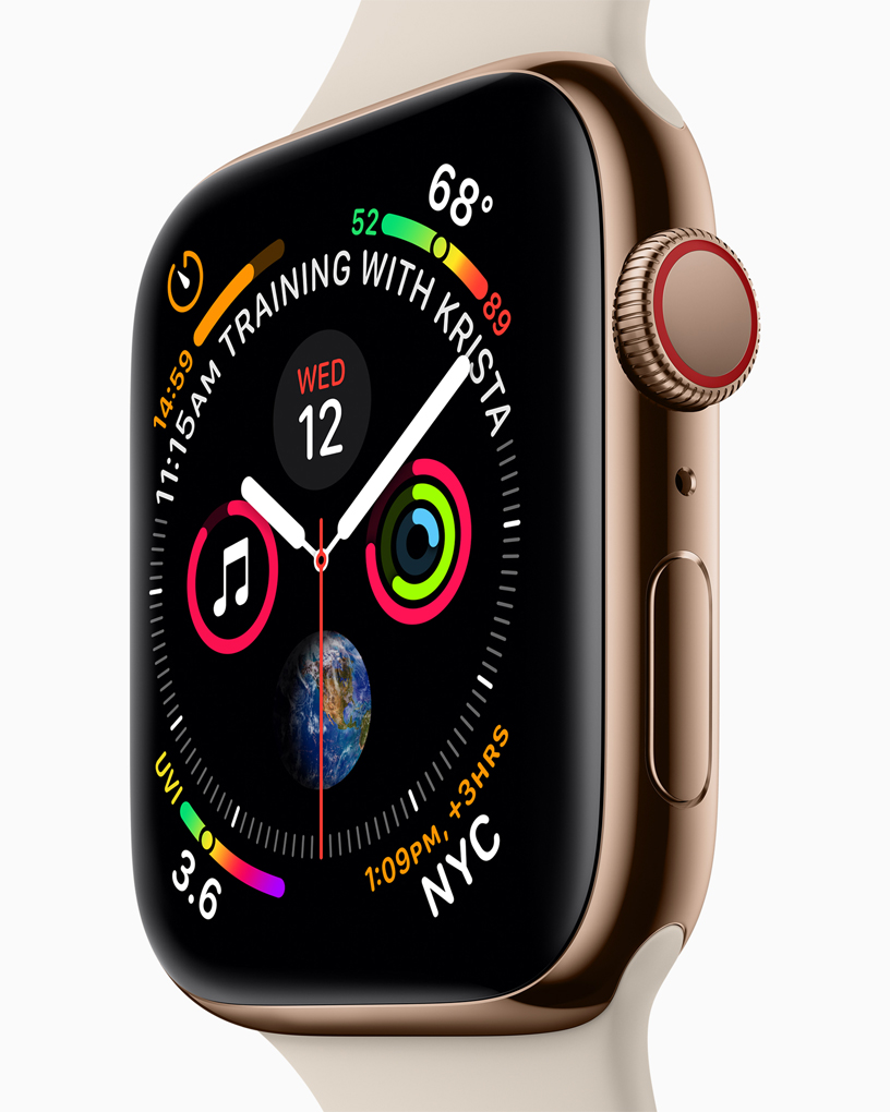 Apple Watch Series 4 saat kadranı ve yeni Digital Crown’un yakından görünüşü.