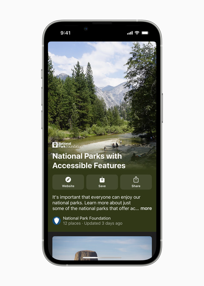 iPhone ekranında şimdi Apple Harita uygulamasında sunulan, National Park Foundation’ın hazırladığı yepyeni “Park Access for All” rehberi gösteriliyor.