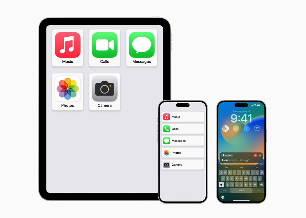 iPad ve iPhone’da Assistive Access Ana Ekran yerleşimleri ve yanında Live Speech kaydı yapılan bir iPhone.