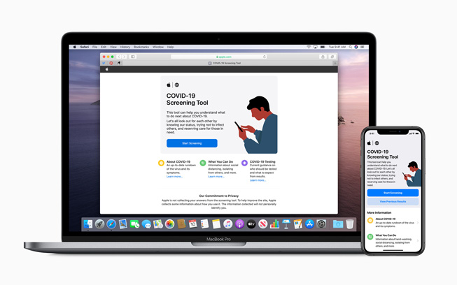 The Apple COVID-19 screening tool, displayed on MacBook Pro and iPhone 11 Pro.