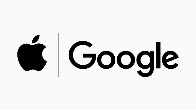 Apple ve Google şirket logoları.