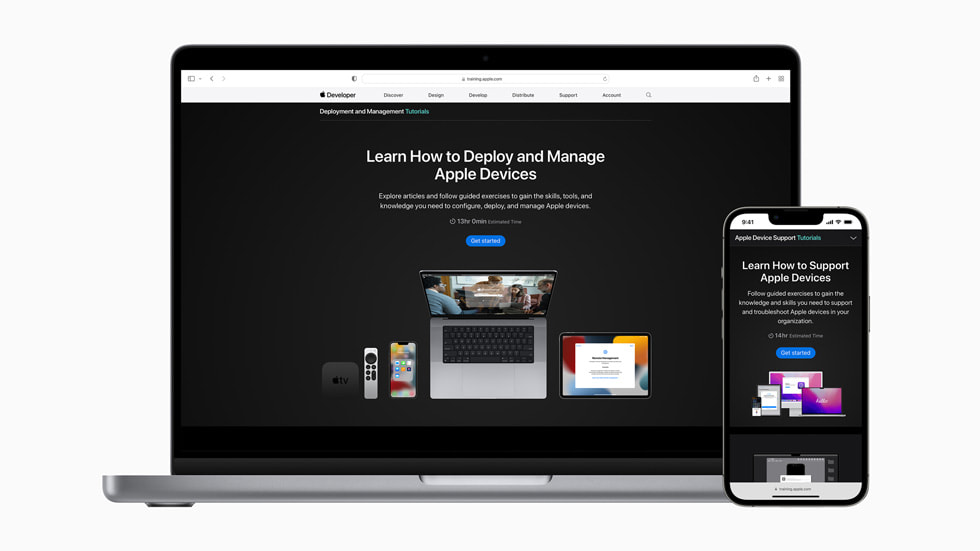 MacBook ve iPhone ekranlarında Apple’ın IT desteği ve yönetimi için sunduğu güncel profesyonel eğitim ve sertifika programları gösteriliyor.