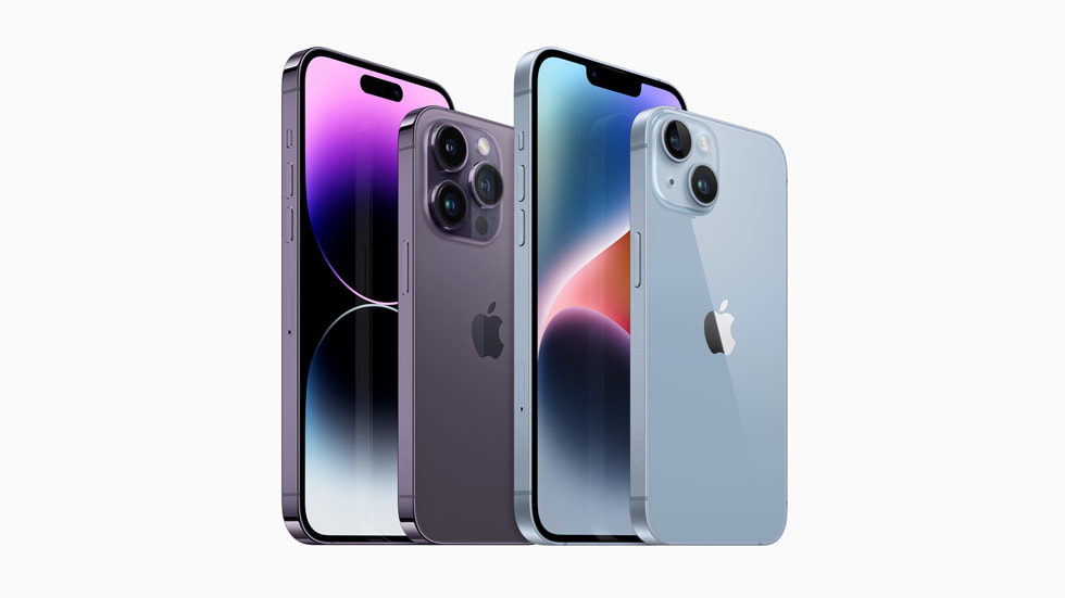iPhone Pro Max, iPhone 14 Pro, iPhone 14+, iPhone 14 등의 iPhone 14 제품군.