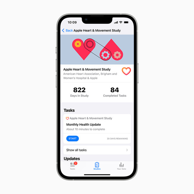 En iPhone-skjerm med brukervisningen av Apple Heart & Movement Study.