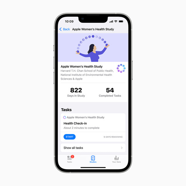 En iPhone-skjerm med brukervisningen av Apple Women’s Health Study.