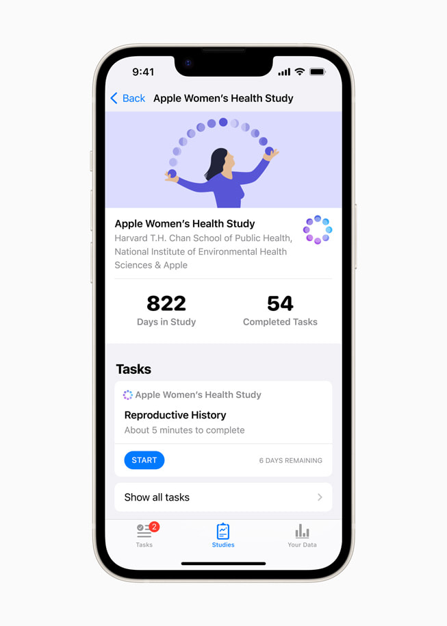 iPhone’da Apple Kadın Sağlığı Çalışması gösteriliyor. 