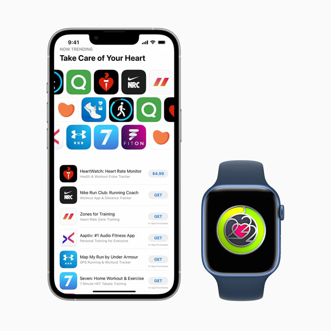 iPhone ve Apple Watch ekranlarında servislerdeki Apple’ın Kalp Sağlığı Ayı programı gösteriliyor.