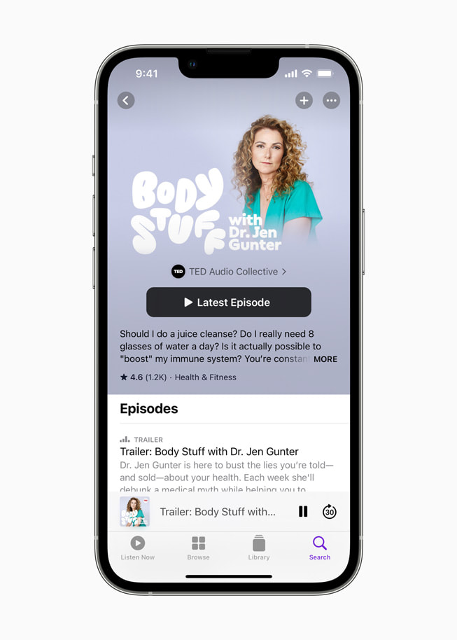 iPhone’da “Body Stuff with Dr. Jen Gunter” podcast’inin ana sayfası gösteriliyor.