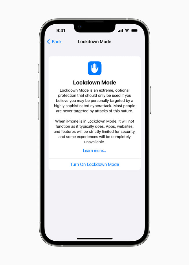 新しいロックダウンモード機能が表示されたiPhoneの画面。