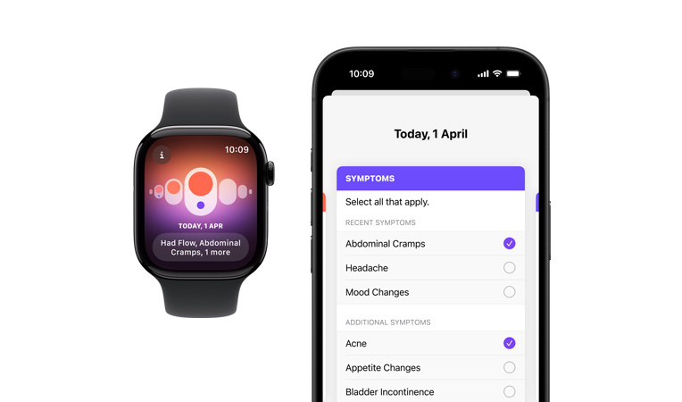 Apple Watch Series 10, black Sport Band, front, UI reads Cycle Tracking, Period, Symptom Logging, next to it is iPhone 16, front, UI reads Cycle Tracking, Symptom Logging, Period