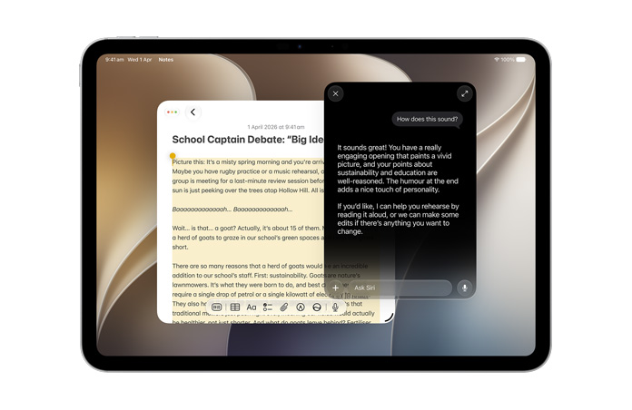 iPad Pro 11, Silver, front screen displaying Notes app with text, query to Siri AI to create new content