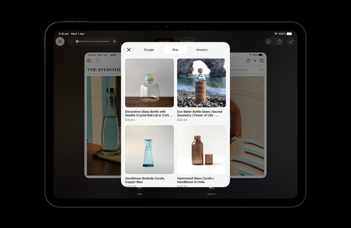 iPad Pro 11, Space Black, screen shows image of products in response to Visual Intelligence onscreen query about glass bottles, Ask or Image Search buttons displayed under images