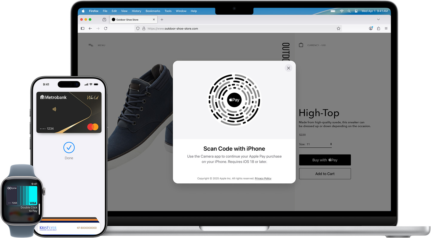 An Apple Watch, an iPhone, and a MacBook all side by side. The Apple Watch shows an American Express credit card. The iPhone shows an Etsy product page with a candle and the option to pay with Apple Pay. The MacBook displays a product page on the Outdoor Shoe Store website and an Apple Pay overlay with a QR code prompting the payer to use their iPhone to continue their purchase.