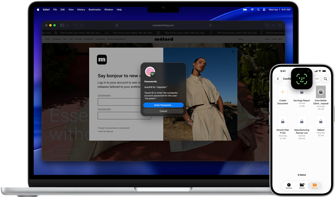 Front view of a MacBook featuring Touch ID window. In front of the MacBook is an iPhone featuring Face ID screen.