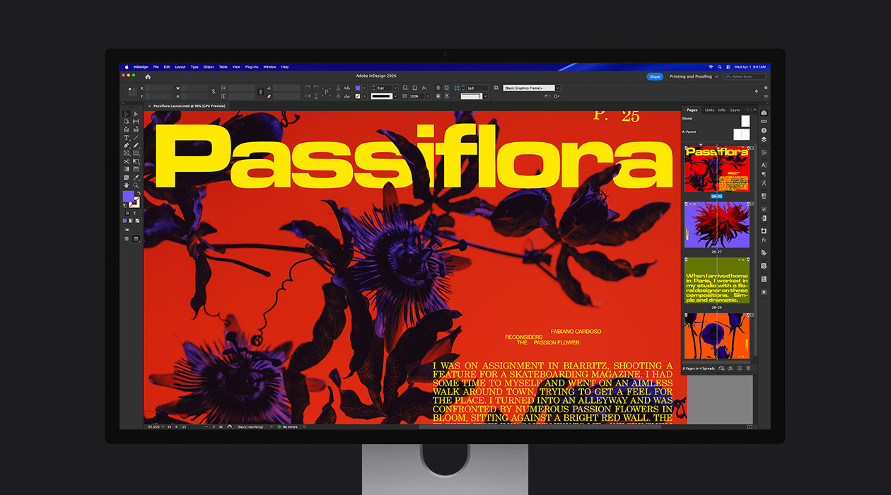In an Adobe InDesign 2026 file, a vibrant magazine spread showcases the P3 + Adobe RGB color space