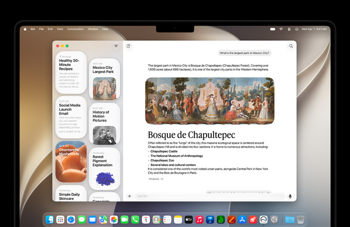 4-calowy MacBook Pro w kolorze gwiezdnej czerni, na ekranie widoczna jest aplikacja Siri, a na pasku bocznym wyświetlana jest aktywna rozmowa Siri AI oraz poprzednie rozmowy.