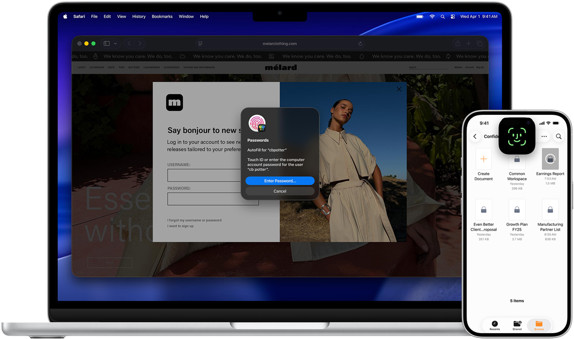 MacBook z oknem Touch ID, tapetą macOS Tahoe, a przed MacBookiem iPhone z ekranem Face ID.